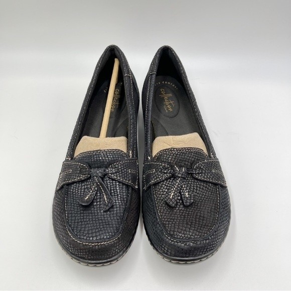 Clarks Women Size 9 Ashland Bubble‎ Snakeskin Print Black Comfort Loafers Shoes - Picture 3 of 12